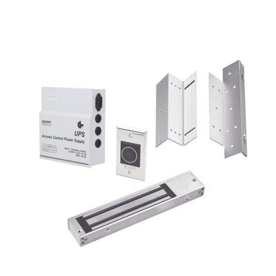 Kit para control de acceso incluye Fuente de 12VCD con respaldo de batería/ Chapa magnética de 600Lbs / Montajes L y Z / Botón de salida 