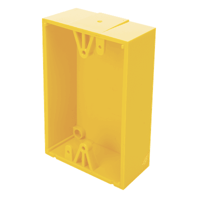 Caja de Montaje Superficial / Policarbonato Resistente / Perfil Bajo 1.5 pulgadas (38 mm) / Compatible con Botones de Emergencia / Activación Tipos 2, 5, 6, 7, 8 y 9