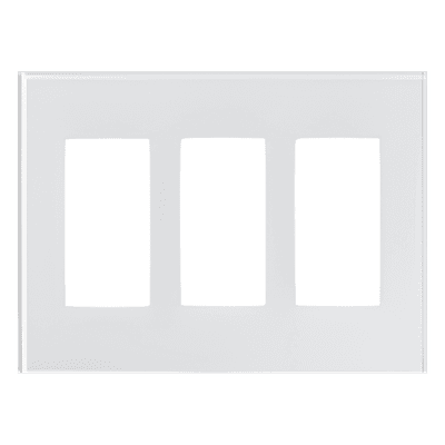 Placa frontal de cristal de 3 espacios para atenuadores, teclados y controles Pico Lutron con apertura tipo Designer, sin tornillos visibles, cristal claro con pintura blanca