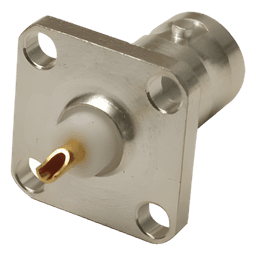 Conector BNC Hembra para Chasis, 4 Perforaciones con 12.7 mm, Plata/ Oro/ Teflón.