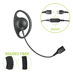 Auriculares con aro en forma de "D" con cable de fibra trenzada y conector SNAP. Requiere micrófono de solapa de 1 o 2 hilos de la Serie SNAP.