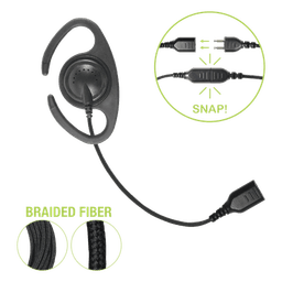 â€‹Auriculares de gancho en forma de "C" con cable de fibra trenzada y conector SNAP. Requiere micrófono de solapa de 1 o 2 hilos de la Serie SNAP.
