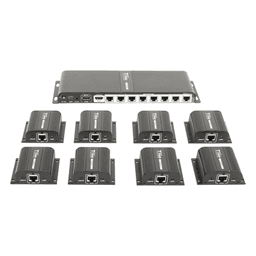 Kit Divisor y Extensor HDMI (Extender Splitter)  / Divide 1 Fuente HDMI a 8 Pantallas / Extiende la señal HDMI hasta 40 m / Resolución 1080P @ 60 Hz / Cat 6/6a/7 / Uso 24/7 / Salida Loop en el Tx / IR / Alimente solo el Tx (PoC).