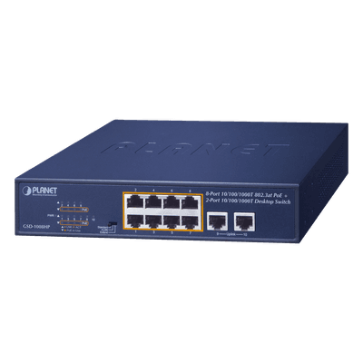 Switch de Escritorio No Administrable / 8 Puertos 10/100/1000T PoE+ 802.3at / 2 Puertos Uplink 10/100/1000T / Presupuesto PoE 120 Watts / Modos Estándar, VLAN y Extend / Distancia Extendida 250 mts / Rackeable