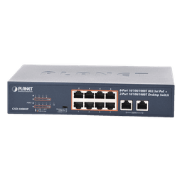 Switch de Escritorio No Administrable / 8 Puertos 10/100/1000T PoE+ 802.3at / 2 Puertos Uplink 10/100/1000T / Presupuesto PoE 120 Watts / Modos Estándar, VLAN y Extend / Distancia Extendida 250 mts / Rackeable