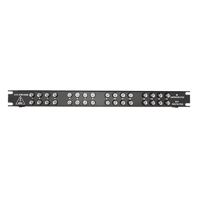 Protector de línea de video de 16 canales, 1U, conexión BNC coaxial entra/sale, sujeción 2.8 V