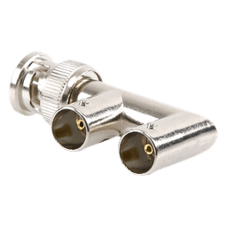 Adaptador Triple en F para 75 Ohm, de Conector BNC Macho a Doble BNC Hembra, Níquel/ Oro/ Delrin.