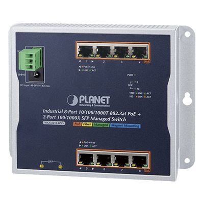 Switch Industrial PoE Administrable de Pared Capa 2, 8 Puertos Gigabit PoE 802.3at y 2 Puertos 100/1000X SFP