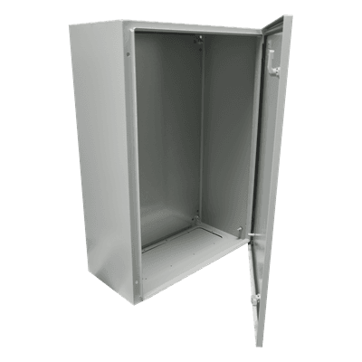 Gabinete de Acero IP66 Uso en Intemperie (400 x 600 x 200 mm) con Placa Trasera Interior Metálica y Compuerta Inferior Atornillable (Incluye Chapa y Llave).