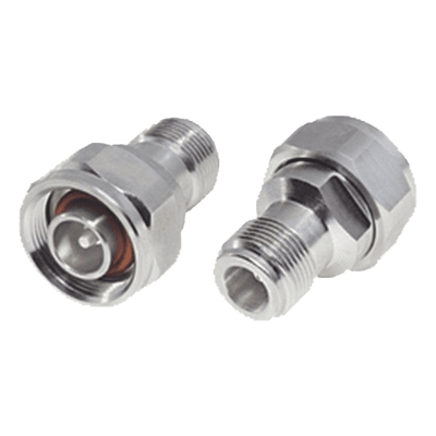 Adaptador en Línea, de N Hembra a (Mini) DIN 4.1-9.5 Macho, PIM -155 dBc, Bronce Blanco/ Plata/ Teflón.