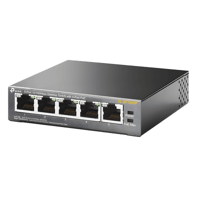 Switch PoE no Administrable de escritorio / 5 puertos 10/100 Mbps / 4 puertos PoE af/at / Presupuesto 67 W / Modo Extensor hasta 250 m / Calidad video prioritaria