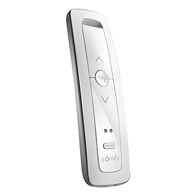Control remoto 2 canales para motores de persiana Somfy con señal inalámbrica, instrucciones: sube, baja y detener, con posición favorita programada.