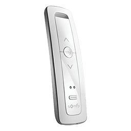 Control remoto 2 canales para motores de persiana Somfy con señal inalámbrica, instrucciones: sube, baja y detener, con posición favorita programada.