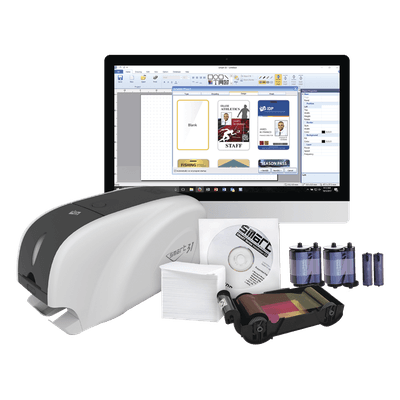 Kit Impresora de tarjetas PVC/ Una Cara /incluye: 2 x Ribbons, 100 Tarjetas PVC, Software, Kit Limpieza, Garantia 3 Años, Mascara de Seguridad UV