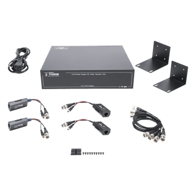 Kit de TRANSCEPTOR ACTIVO DE 4 CANALES / VIDEO+PODER en un solo Cable UTP / 150 metros en 4K, 200 metros en 5 MP/ Envía 36 Vcc y Recibe 12 Vcc / TODO INCLUIDO PARA RACK / Compatible con cámaras HD-TVI/CVI/AHD/CVBS / INSTALACIÓN LIMPIA