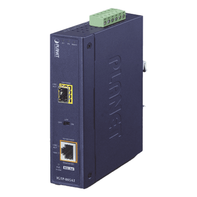 Convertidor de Medios PoE Industrial, Puerto SFP 1000BASE-SX/LX a Puerto RJ45 Gigabit con Salida PoE 802.3at (Hasta 30 W).