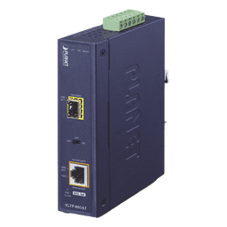 Convertidor de Medios PoE Industrial, Puerto SFP 1000BASE-SX/LX a Puerto RJ45 Gigabit con Salida PoE 802.3at (Hasta 30 W).
