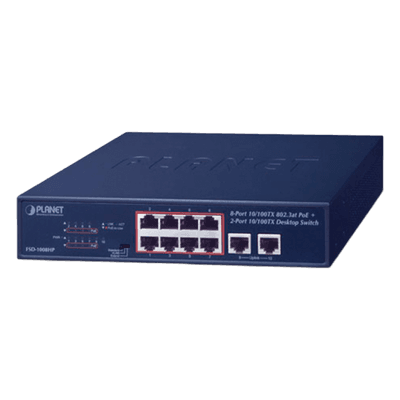 Switch de Escritorio / 8 Puertos 10/100TX PoE+ / 2 Puertos 10/100TX / 120W PoE Budget / Alcance Extendido 250m (820 pies)