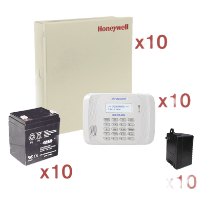 Kit de 10 paneles VISTA-48LA / 8 zonas cableadas + 40 inalámbricas c/u / teclado 6162RF / batería y transformador incluidos / sin comunicador