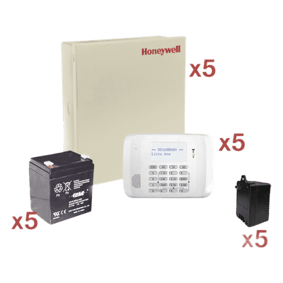 Kit de 5 paneles VISTA-48LA / 8 zonas cableadas + 40 inalámbricas c/u / teclado 6162RF / batería y transformador incluidos / sin comunicador