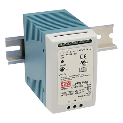 Fuente de Poder Riel DIN / 100W / Salida Dual 13.8V CC / Cargador de Batería Integrado / 87% Eficiencia / Convección Natural
