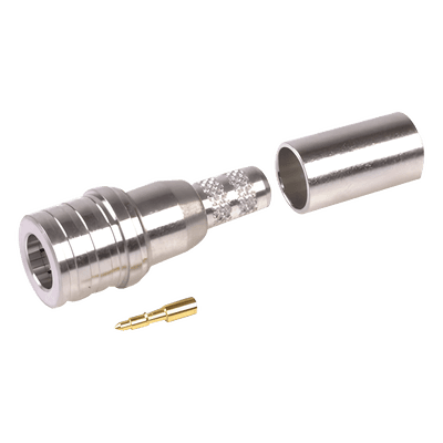 Conector QMA (Quick Mate) Macho, Anillo Plegable en RG-58/U, LMR-195, Bronce Blanco/Oro/Teflón.