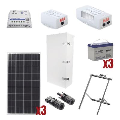 Kit Solar de 35 W con PoE 802.3af y PoE Pasivo 24 Vcc para una Cámara IP y un Radio Ubiquiti airMAX o Cambium ePMP.