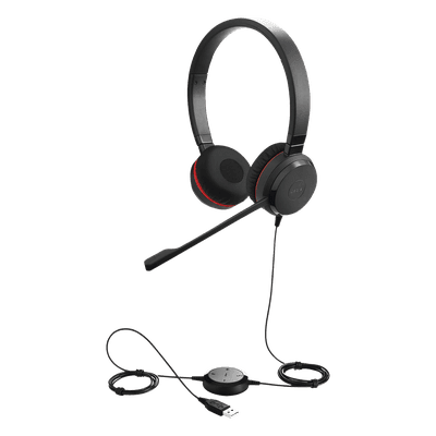 Jabra Evolve 30 Duo con conexión USB / 3.5mm, micrófono con cancelación de ruido y controlador en el cable con botones e indicadores LED (5399-829-309)