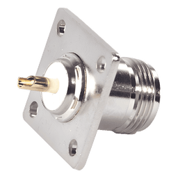 Conector N Hembra para Montaje en Panel, 4 perforaciones a 18 mm, PIN Largo, Plata/ Oro/ Teflón.