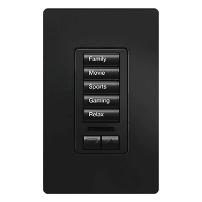 Teclado de pared para RadioRA 2 con 5 botones programables y par de botones subir/bajar, retroiluminado y grabable, para control de iluminación y cortinas, color Midnight