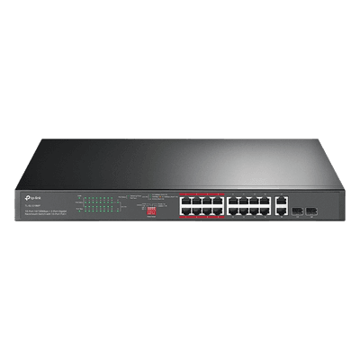 Switch PoE+ No Administrable de 16 puertos 10/100 Mbps / 2 puertos 10/100/1000 Mbps en Combo con 2 Puertos SFP / Presuuesto PoE 250 W / Extensor PoE de hasta 250 metros