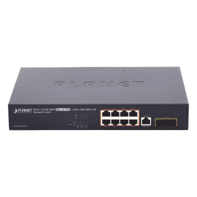 Switch Administrable PoE+ / 8 Puertos Gigabit 802.3at 30W / Presupuesto PoE 140W / 2 Puertos SFP con DDM / Alcance Extendido 250 m (820.2 ft) / Dual Stack IPv6/IPv4 / CloudNMS