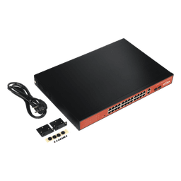 Switch PoE (802.3af/at/bt) / No administrable de largo alcance / Hasta 250m / Con 24 x 10/100Mbps + 2 x SFP Gigabit Combo / 250 W