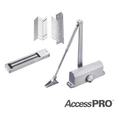 Kit de Control de Acceso / Chapa Magnética 280 kg (600 lbs) / Brackets L y Z / Cierra Puertas 45-65 kg / LED Indicador / Temporizador 1-45 s