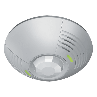 Sensor de ocupación de techo con doble tecnología ultrasónica e infrarroja, cobertura de 46 m² a 180 grados, relevador SPDT y fotocelda, integrable a sistemas Lutron