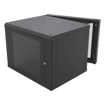Gabinete de Pared Abatible / Rack 19" 12U / Carga 50 kg / Cristal Templado / Giro 180° / Acero Negro