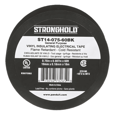 Cinta Eléctrica STRONGHOLD para Aislar, de PVC, Uso General Reparación y Mantenimiento, Grosor de 0.18mm (7 mil), Ancho de 19mm, y 18m de Largo, Color Negro