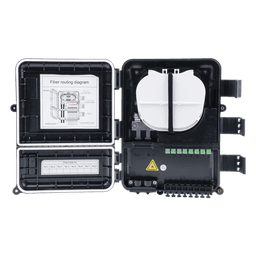 Caja de Distribución de Fibra Óptica para 24 Empalmes, con 8 Acopladores SC/APC Simplex, Exterior IP55, Color Negro