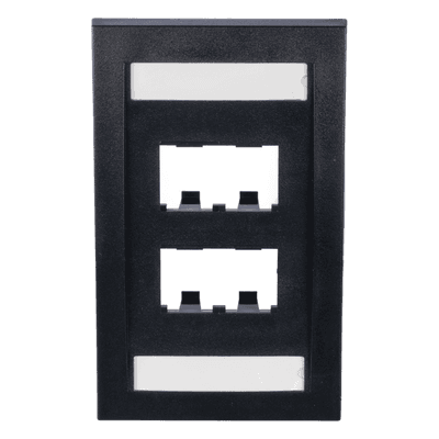 Placa de Pared Vertical Ejecutiva, Salida de 4 Puertos Mini-Com, Con Espacios Para Etiquetas, Color Negro