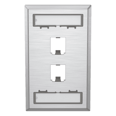 Placa de Pared Vertical, de Acero Inoxidable, Salida Para 2 Puertos Mini-Com, Con Espacios Para Etiquetas