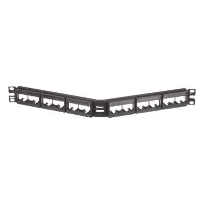 Panel de Parcheo Modular Mini-Com (Sin Conectores), Angulado, Sin Blindaje, Con Etiqueta y Cubierta, de 24 Puertos, 1UR