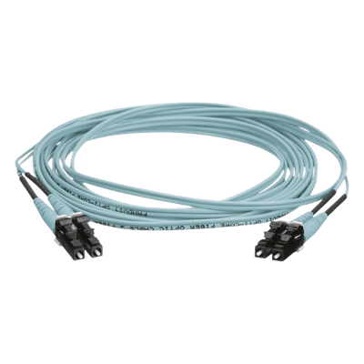 Jumper de Fibra Optica Multimodo 50/125 OM4, LC-LC Duplex, OFNR (Riser), Color Aqua, 9 Metros (29.53 Pies)