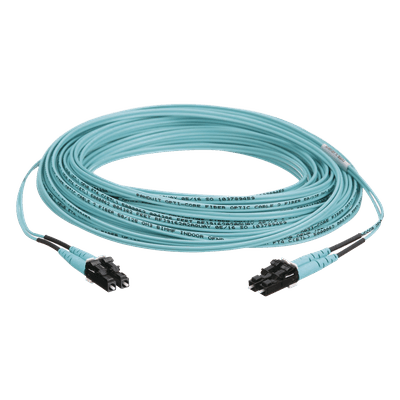 Jumper de Fibra Optica Multimodo 50/125 OM3, LC-LC Duplex, OFNR (Riser), Color Aqua, 15 Metros (49.21 Pies)