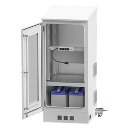 Gabinete de Piso para Exterior con Ventiladores y Termostato con Rack de 19" de 16 U + Espacio para Baterías, Se envía el Gabinete Armado.