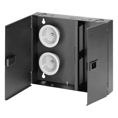 Caja de Conexión de Fibra Óptica, Para Montaje en Pared, Acepta 2 Placas FAP o FMP, Hasta 48 Fibras, Color Negro