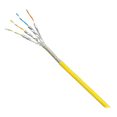 Bobina de Cable Blindado S/FTP Categoría 6A, Uso Industrial con Resistencia al Aceite, Rayos UV y Abrasión, Multifilar (Flexible), Color Amarillo, Bobina de 500 Metros (1640 Pies)