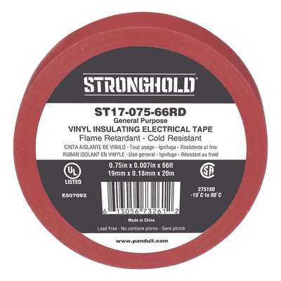 Cinta Eléctrica STRONGHOLD para Aislar, de PVC, Uso General Reparación y Mantenimiento, Grosor de 0.18mm (7 mil), Ancho de 19mm, y 20.12m de Largo, Color Rojo