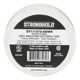 Cinta Eléctrica STRONGHOLD para Aislar, de PVC, Uso General Reparación y Mantenimiento, Grosor de 0.18mm (7 mil), Ancho de 19mm, y 20.12m de Largo, Color Blanco