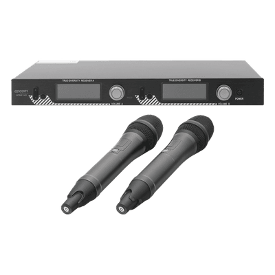 Sistema de Microfonía Inalámbrico UHF / 2 Micrófonos de Mano / 200 Canales / Alcance 100 m (328 ft) / Frecuencia 640-857 MHz / Batería 10-15 Horas
