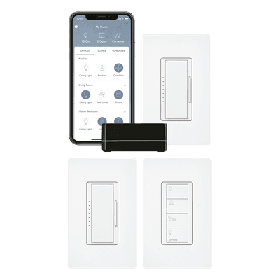 Kit de Inicio para Control Inteligente de Iluminación / Hasta 100 Dispositivos Inalámbricos / Control por App iOS y Android / Compatible con Alexa y Google Assistant / Comunicación RF Clear Connect / Incluye 2 Atenuadores, Control Pico y Placas de Pared